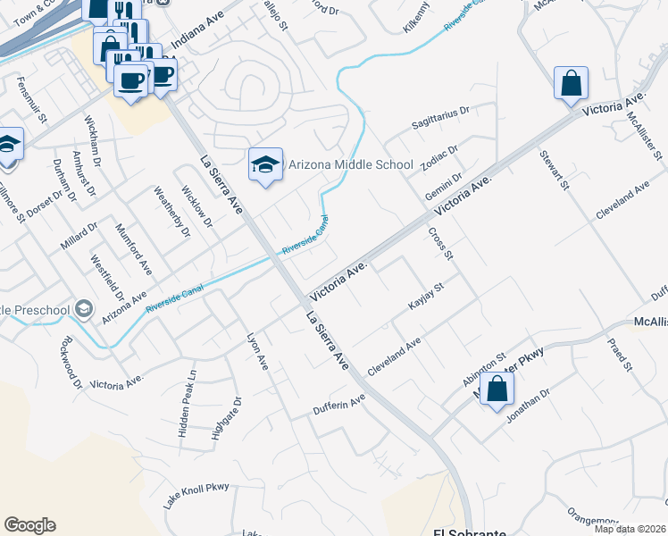 map of restaurants, bars, coffee shops, grocery stores, and more near 10957 Stonehenge Place in Riverside