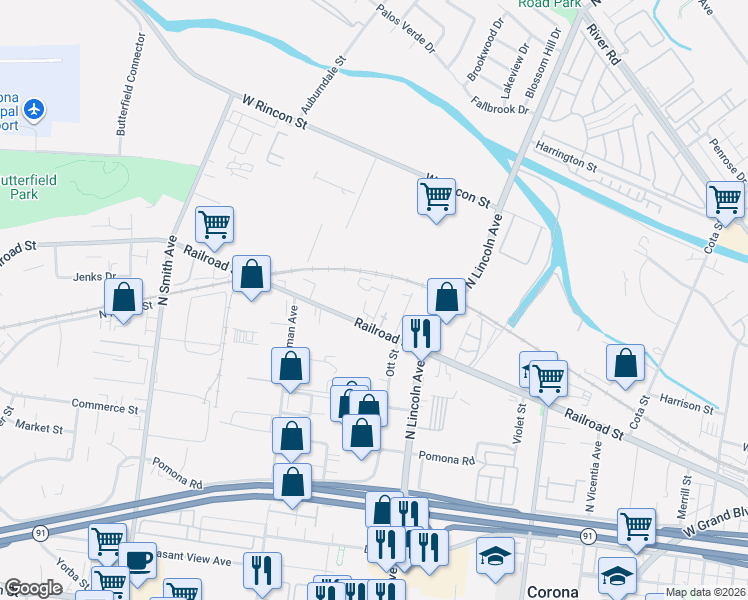 map of restaurants, bars, coffee shops, grocery stores, and more near 346 North Grant Avenue in Corona