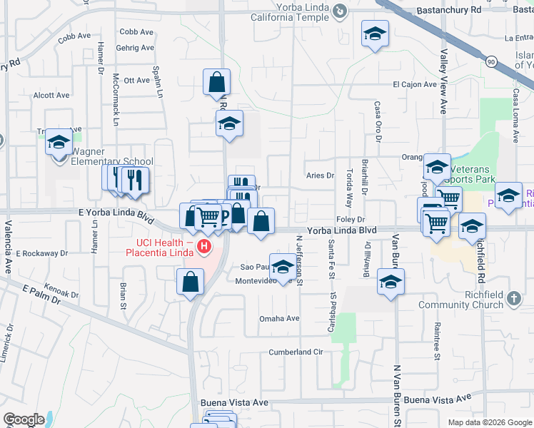 map of restaurants, bars, coffee shops, grocery stores, and more near 1443 Prospect Avenue in Placentia