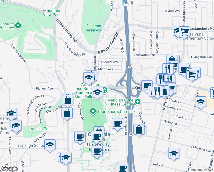 map of restaurants, bars, coffee shops, grocery stores, and more near 2623 Yorba Linda Boulevard in Fullerton