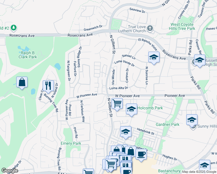 map of restaurants, bars, coffee shops, grocery stores, and more near 1616 North Gilbert Street in Fullerton