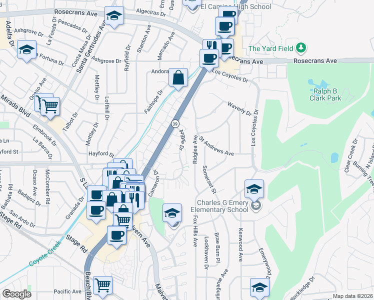 map of restaurants, bars, coffee shops, grocery stores, and more near 4904 Argyle Drive in Buena Park