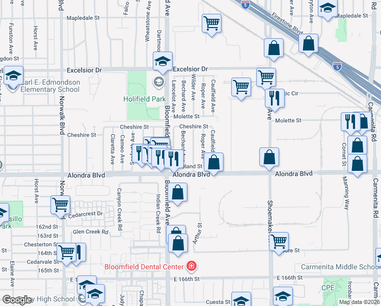 map of restaurants, bars, coffee shops, grocery stores, and more near 15603 Wilder Avenue in Norwalk