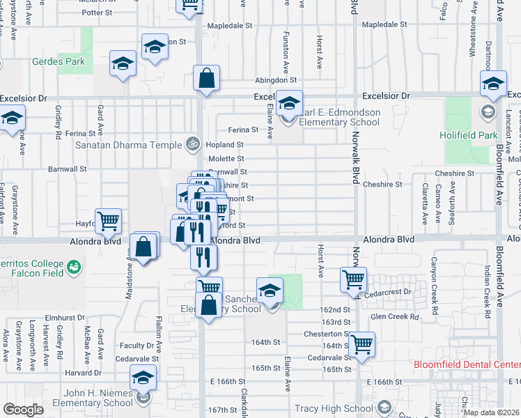 map of restaurants, bars, coffee shops, grocery stores, and more near 11946 Lowemont Street in Norwalk