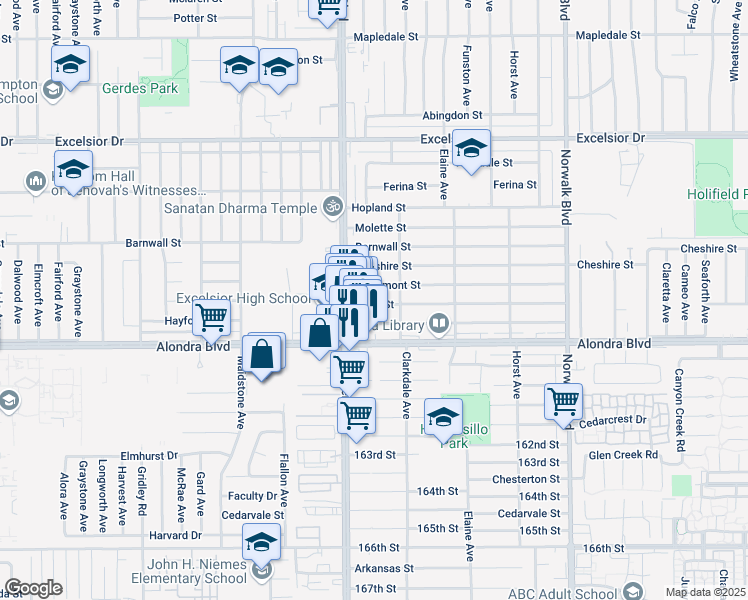 map of restaurants, bars, coffee shops, grocery stores, and more near 11824 Lowemont Street in Norwalk