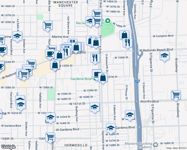map of restaurants, bars, coffee shops, grocery stores, and more near 15517 New Hampshire Avenue in Gardena