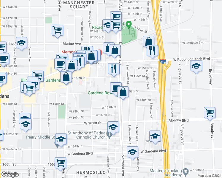 map of restaurants, bars, coffee shops, grocery stores, and more near 15517 New Hampshire Avenue in Gardena
