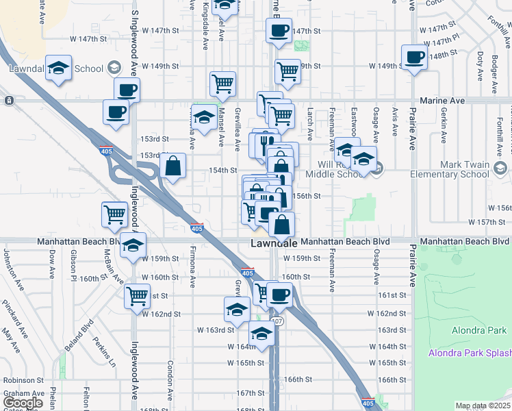 map of restaurants, bars, coffee shops, grocery stores, and more near 15603 Hawthorne Boulevard in Lawndale