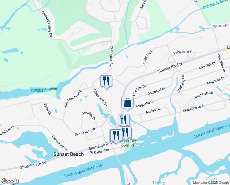 map of restaurants, bars, coffee shops, grocery stores, and more near 502 Sunset Boulevard North in Sunset Beach