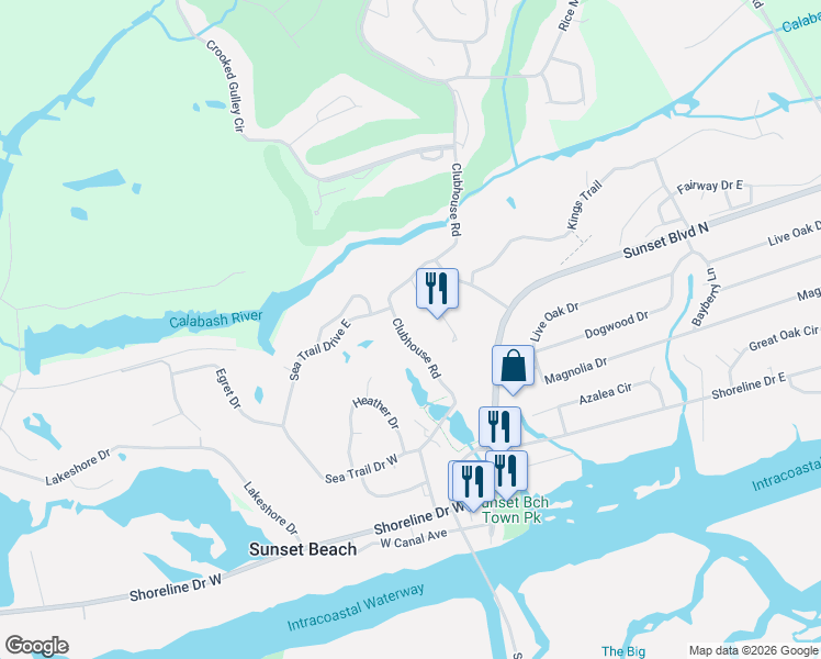 map of restaurants, bars, coffee shops, grocery stores, and more near 174 Clubhouse Road in Sunset Beach