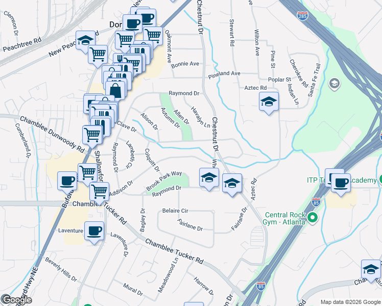 map of restaurants, bars, coffee shops, grocery stores, and more near 2712 Addison Drive in Doraville