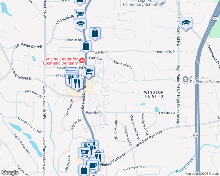 map of restaurants, bars, coffee shops, grocery stores, and more near 270 Waterford Place Northeast in Sandy Springs