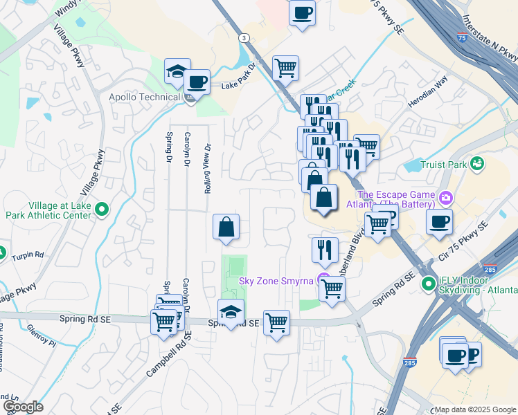 map of restaurants, bars, coffee shops, grocery stores, and more near 5158 Afton Way in Smyrna
