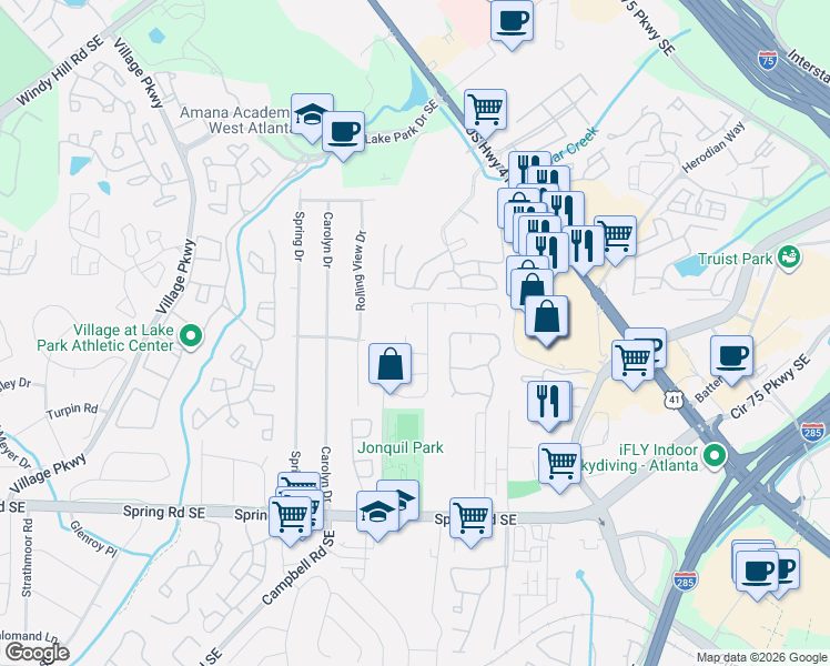 map of restaurants, bars, coffee shops, grocery stores, and more near 1450 Ridgecrest Lane Southeast in Smyrna