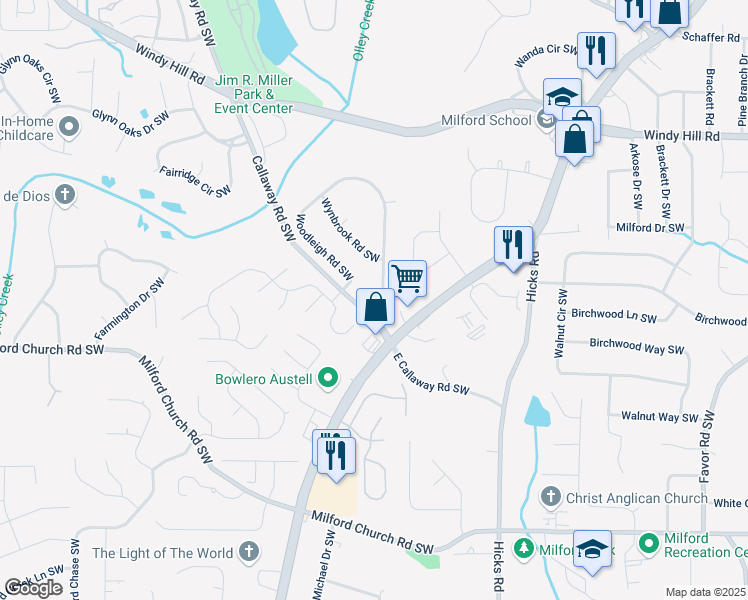 map of restaurants, bars, coffee shops, grocery stores, and more near 1105 Woodleigh Road Southwest in Marietta