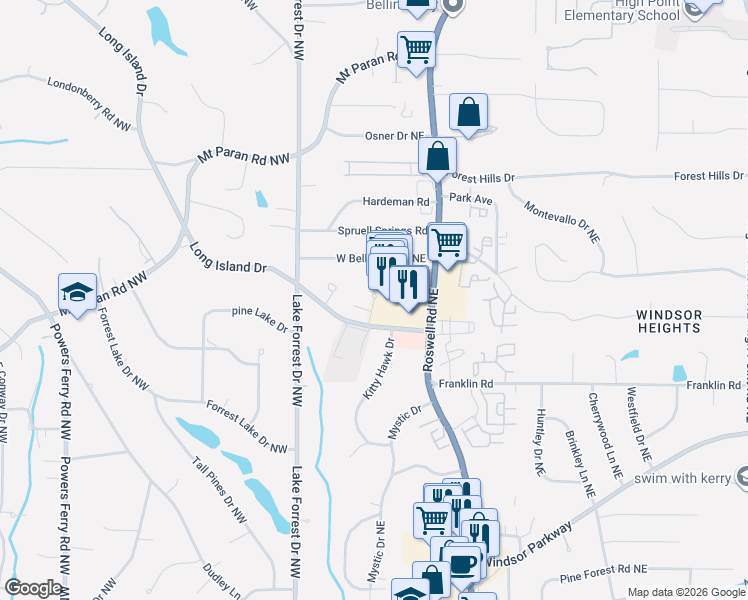 map of restaurants, bars, coffee shops, grocery stores, and more near 5006 Long Island Terrace in Sandy Springs