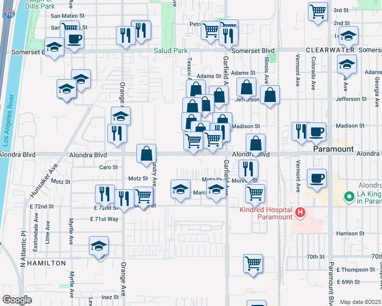 map of restaurants, bars, coffee shops, grocery stores, and more near 7247 Alondra Blvd in Paramount
