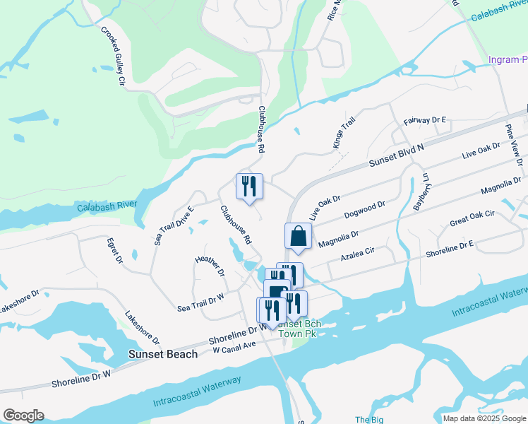 map of restaurants, bars, coffee shops, grocery stores, and more near 215 Royal Poste Road in Sunset Beach