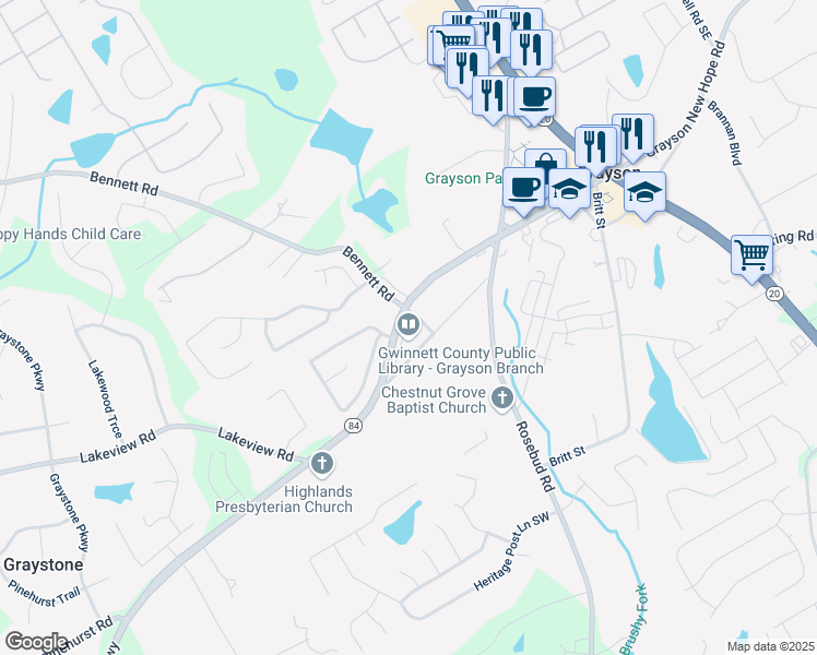 map of restaurants, bars, coffee shops, grocery stores, and more near 684 Grayson Parkway in Grayson