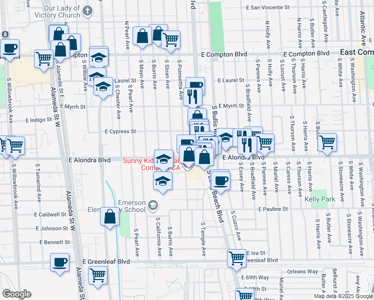 map of restaurants, bars, coffee shops, grocery stores, and more near 814 South Poinsettia Avenue in Compton