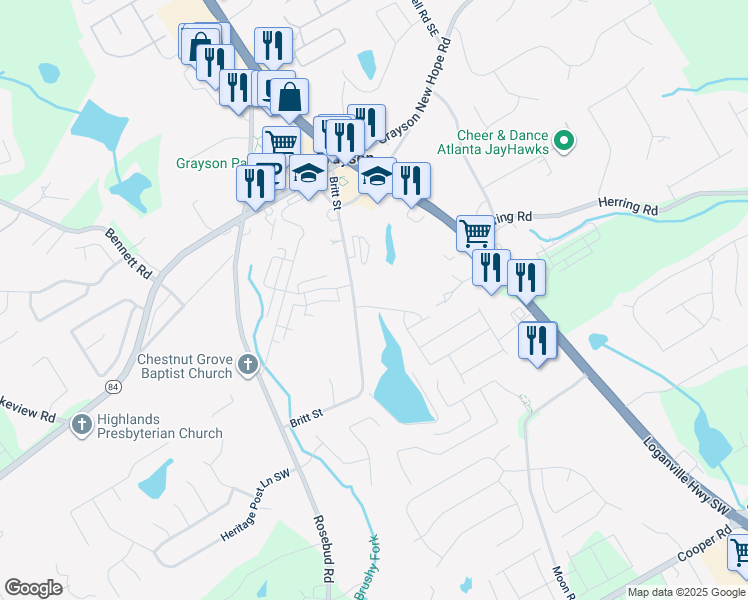 map of restaurants, bars, coffee shops, grocery stores, and more near 505 Brown Dove Lane in Grayson