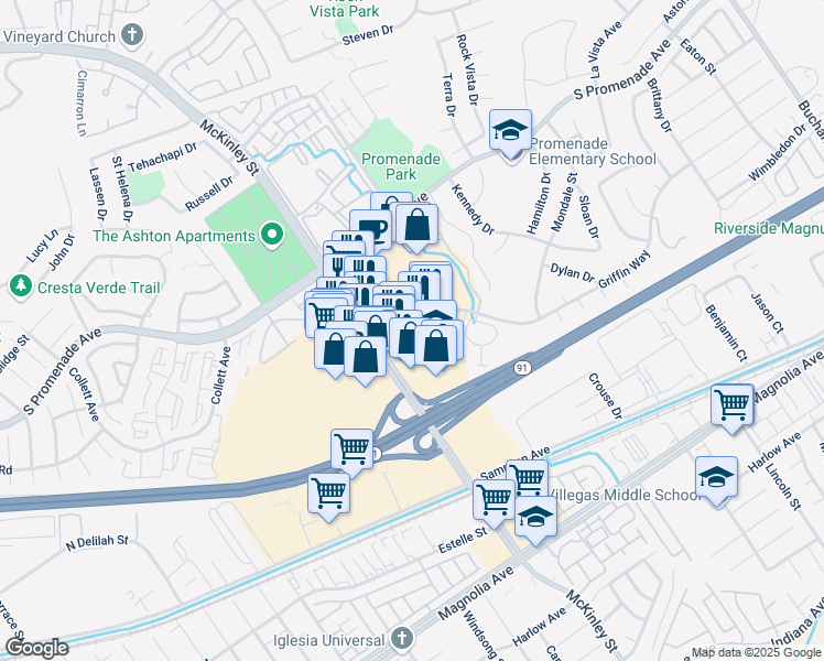 map of restaurants, bars, coffee shops, grocery stores, and more near 2266 Griffin Way in Corona
