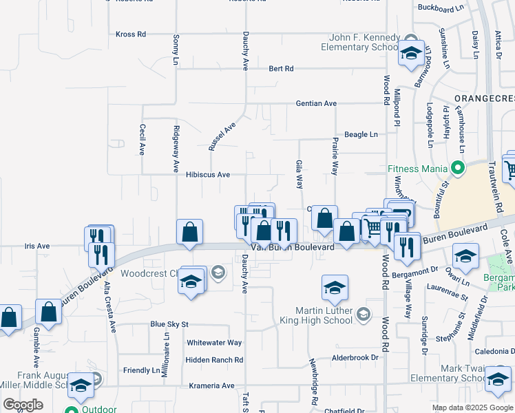 map of restaurants, bars, coffee shops, grocery stores, and more near 15868 Shorb Street in Riverside