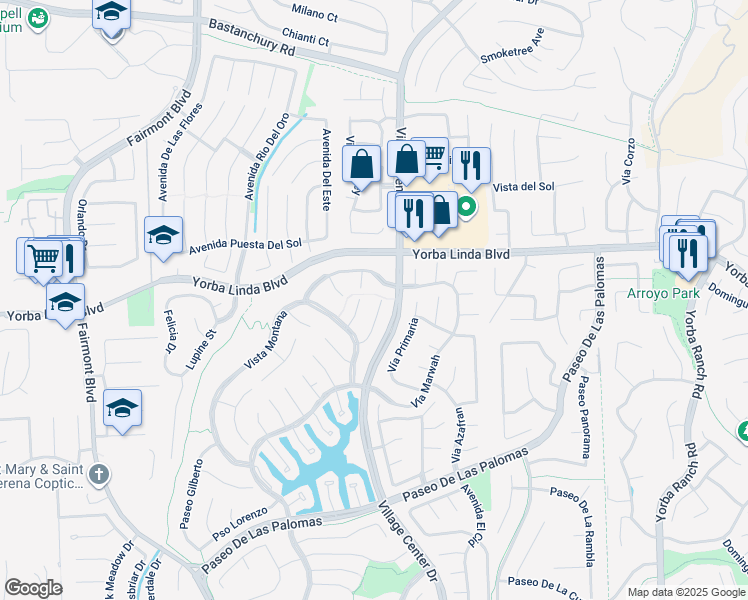 map of restaurants, bars, coffee shops, grocery stores, and more near 5035 Vía Donaldo in Yorba Linda