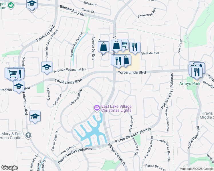 map of restaurants, bars, coffee shops, grocery stores, and more near 5035 Vía Donaldo in Yorba Linda