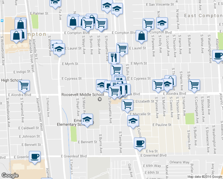 map of restaurants, bars, coffee shops, grocery stores, and more near 814 South Poinsettia Avenue in Compton