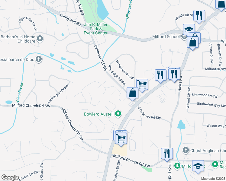 map of restaurants, bars, coffee shops, grocery stores, and more near 1102 Langrage Drive Southwest in Marietta