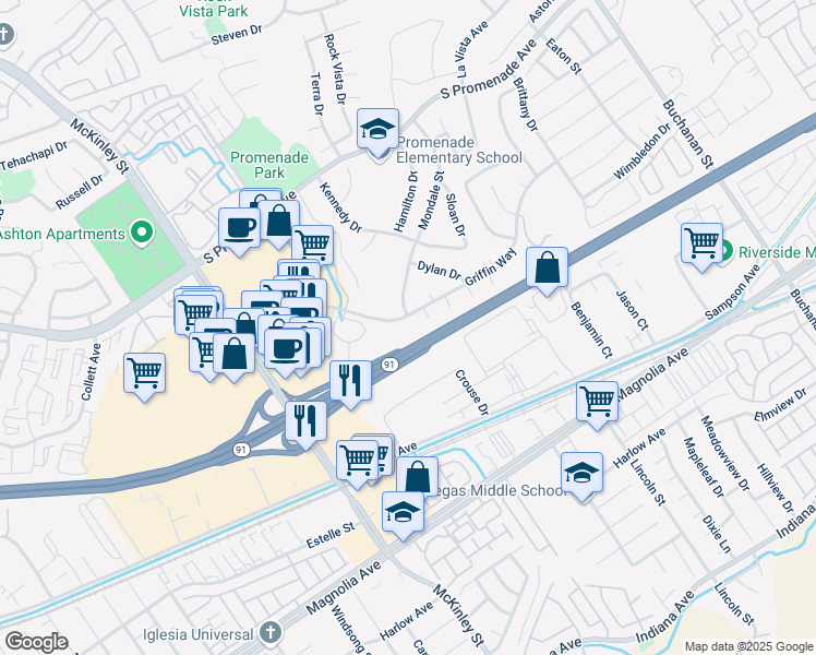map of restaurants, bars, coffee shops, grocery stores, and more near 2492 Griffin Way in Corona