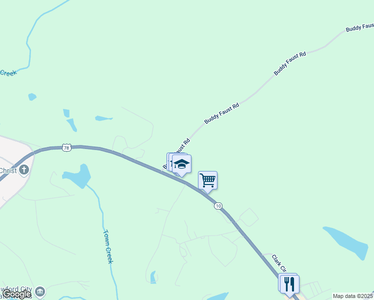 map of restaurants, bars, coffee shops, grocery stores, and more near 30 Buddy Faust Road in Crawford