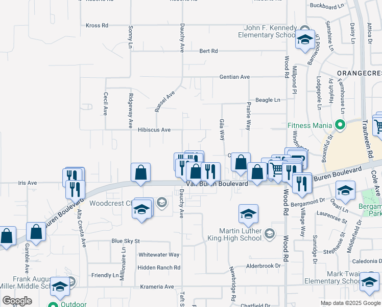 map of restaurants, bars, coffee shops, grocery stores, and more near 15868 Shorb Street in Riverside