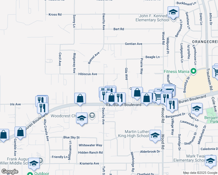 map of restaurants, bars, coffee shops, grocery stores, and more near 15868 Shorb Street in Riverside