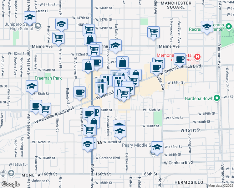map of restaurants, bars, coffee shops, grocery stores, and more near 1655 West Redondo Beach Boulevard in Gardena