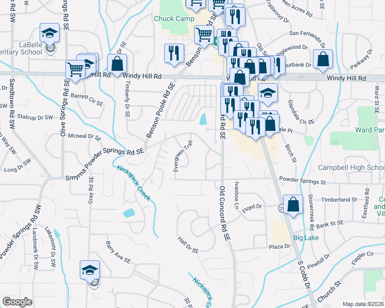 map of restaurants, bars, coffee shops, grocery stores, and more near 2615 Evergreen Drive Southeast in Smyrna