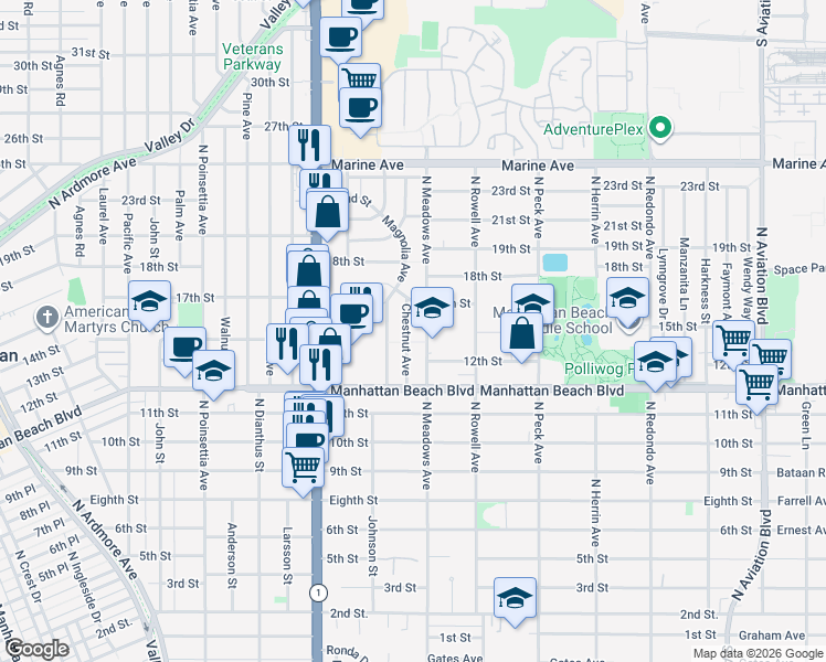 map of restaurants, bars, coffee shops, grocery stores, and more near 1509 North Meadows Avenue in Manhattan Beach