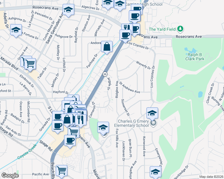 map of restaurants, bars, coffee shops, grocery stores, and more near 4904 Argyle Drive in Buena Park