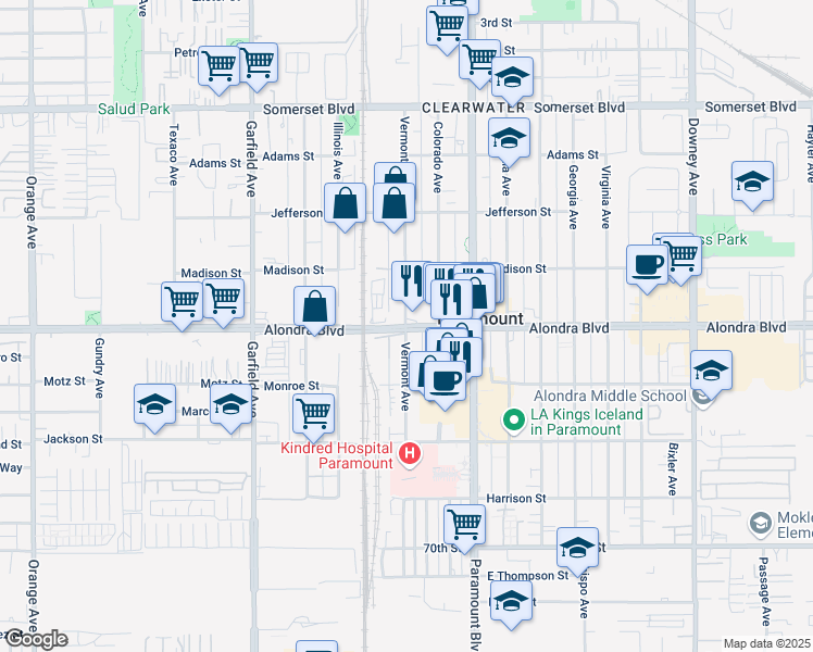map of restaurants, bars, coffee shops, grocery stores, and more near Alondra Blvd & Vermont Ave in Paramount