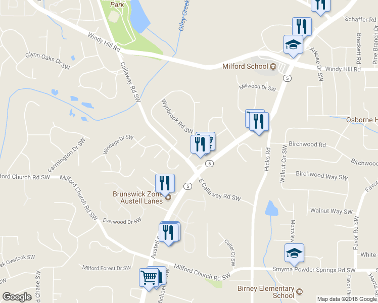 map of restaurants, bars, coffee shops, grocery stores, and more near 1105 Woodleigh Road Southwest in Marietta