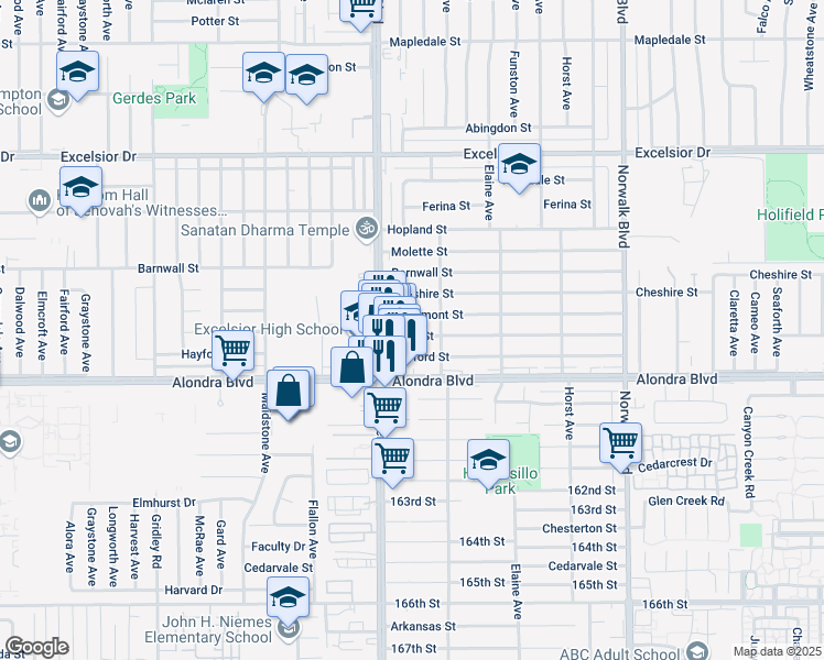map of restaurants, bars, coffee shops, grocery stores, and more near 11824 Lowemont Street in Norwalk