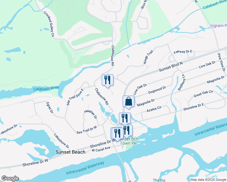 map of restaurants, bars, coffee shops, grocery stores, and more near 215 Royal Poste Road in Sunset Beach
