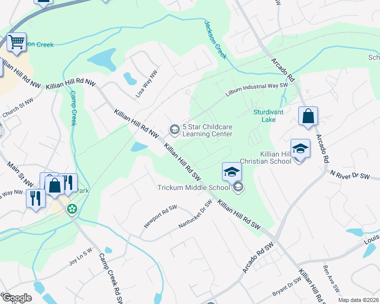 map of restaurants, bars, coffee shops, grocery stores, and more near 46 Killian Hill Road Southwest in Lilburn