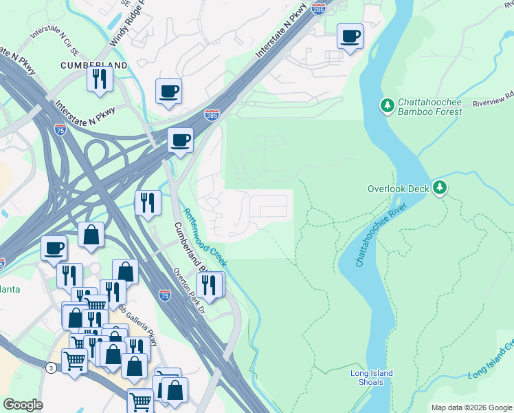 map of restaurants, bars, coffee shops, grocery stores, and more near 3689 Chattahoochee Summit Drive Southeast in Atlanta
