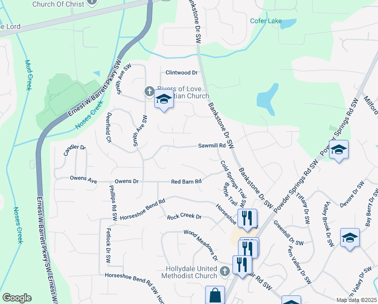 map of restaurants, bars, coffee shops, grocery stores, and more near 2447 Sawmill Road in Marietta