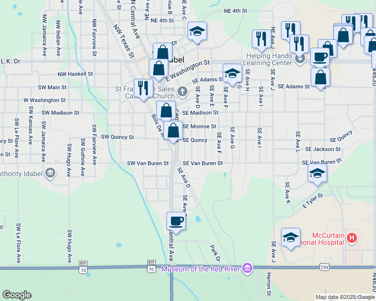 map of restaurants, bars, coffee shops, grocery stores, and more near 600-662 South Central Avenue in Idabel