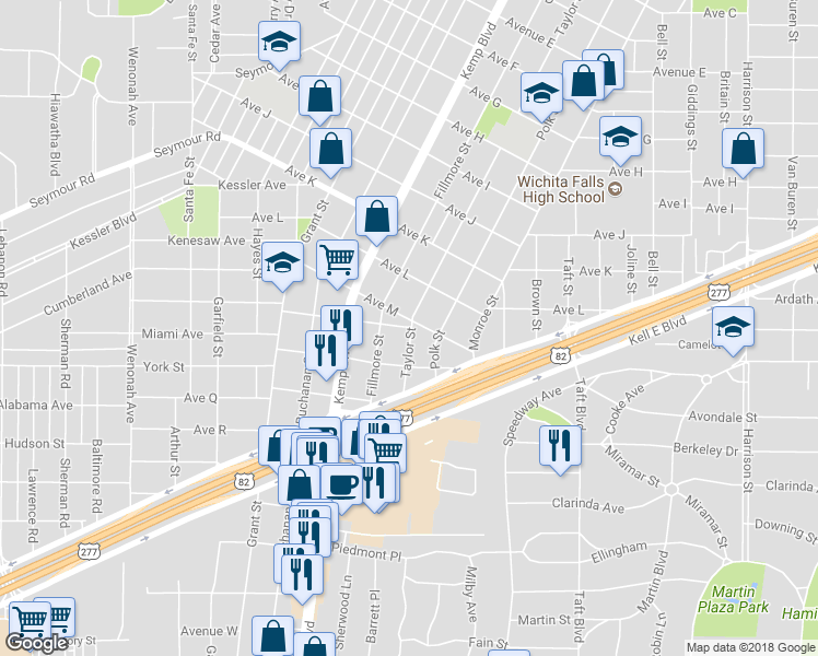 map of restaurants, bars, coffee shops, grocery stores, and more near 2407 Avenue North in Wichita Falls