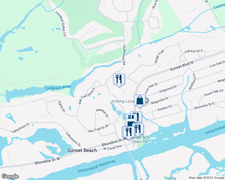map of restaurants, bars, coffee shops, grocery stores, and more near 226 Clubhouse Road in Sunset Beach