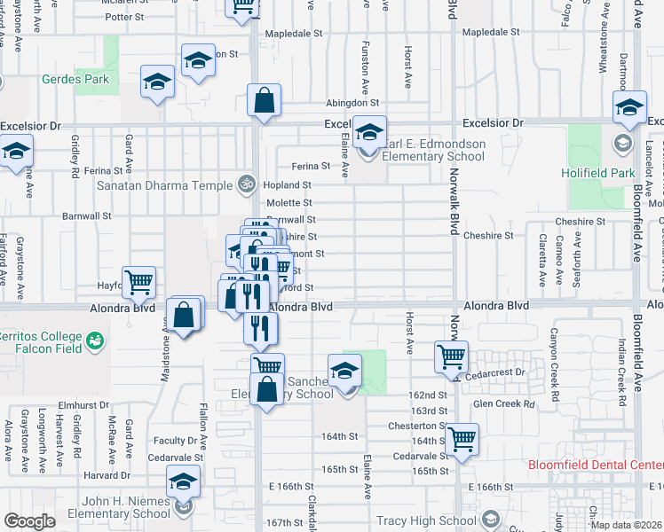 map of restaurants, bars, coffee shops, grocery stores, and more near 11946 Lowemont Street in Norwalk